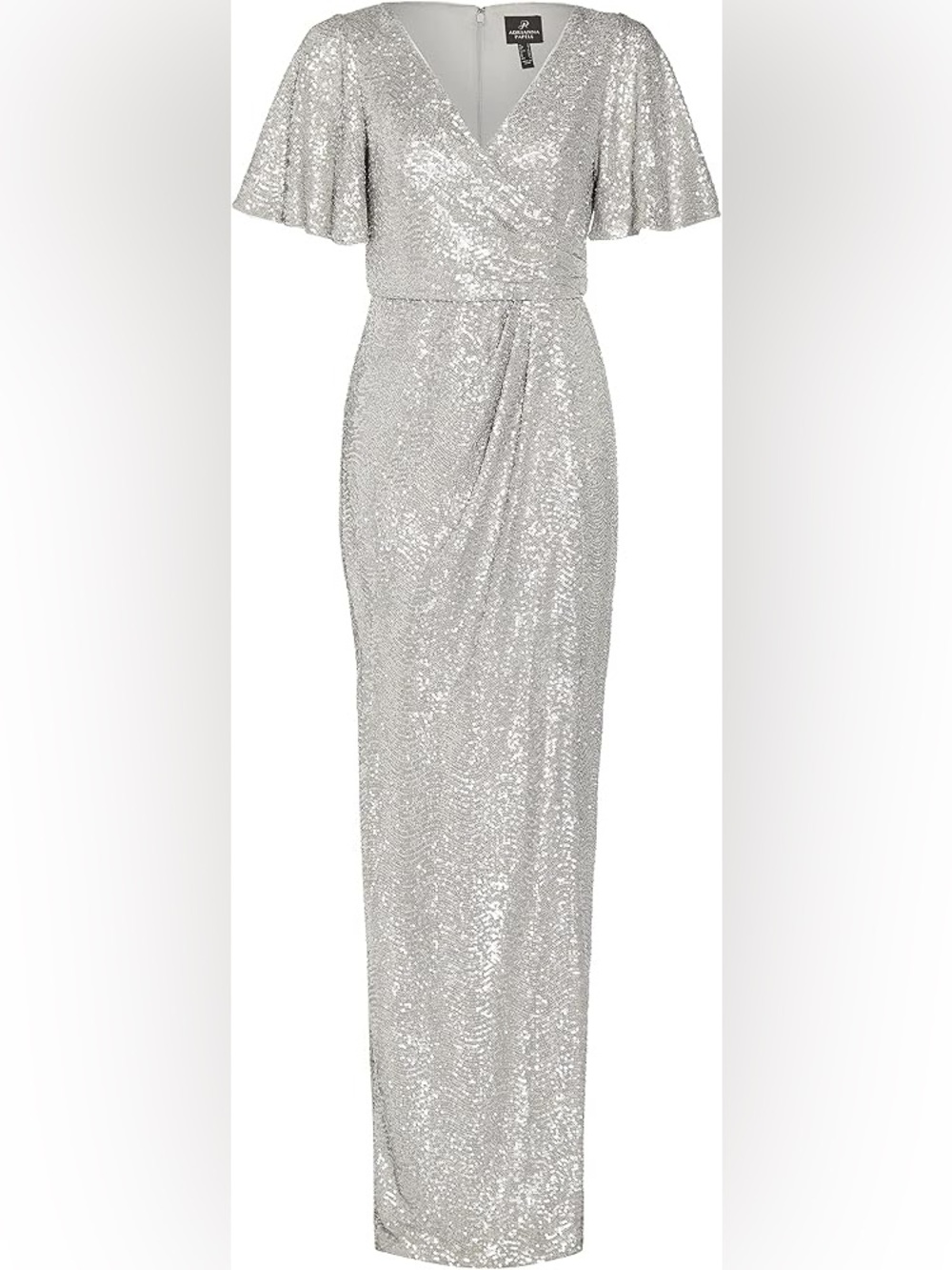 Adrianna Papell Silver Sequin Draped Pencil Gown